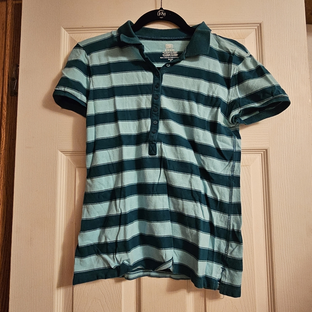 Y2K Faded Glory Teal Green Striped Ladies Polo